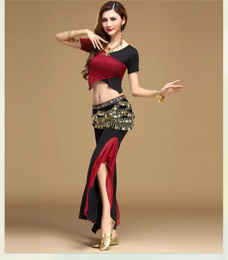 Качественный набор костюма для танца живота танец живота pratice одежда индийский комплект марлевые комплект брюки Цвет Блок Набор 8 цветов топ и брюки и ремень - Цвет: Red Black 3pcs