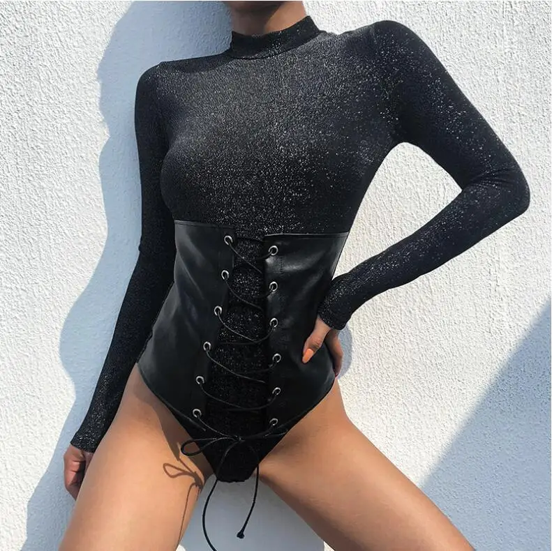 

Sexy Skinny Turtleneck Pu Patchwork Lace Up Glitter Bodysuits Women 2018 Spring Long Sleeve Bodycon One Piece Bodysuit
