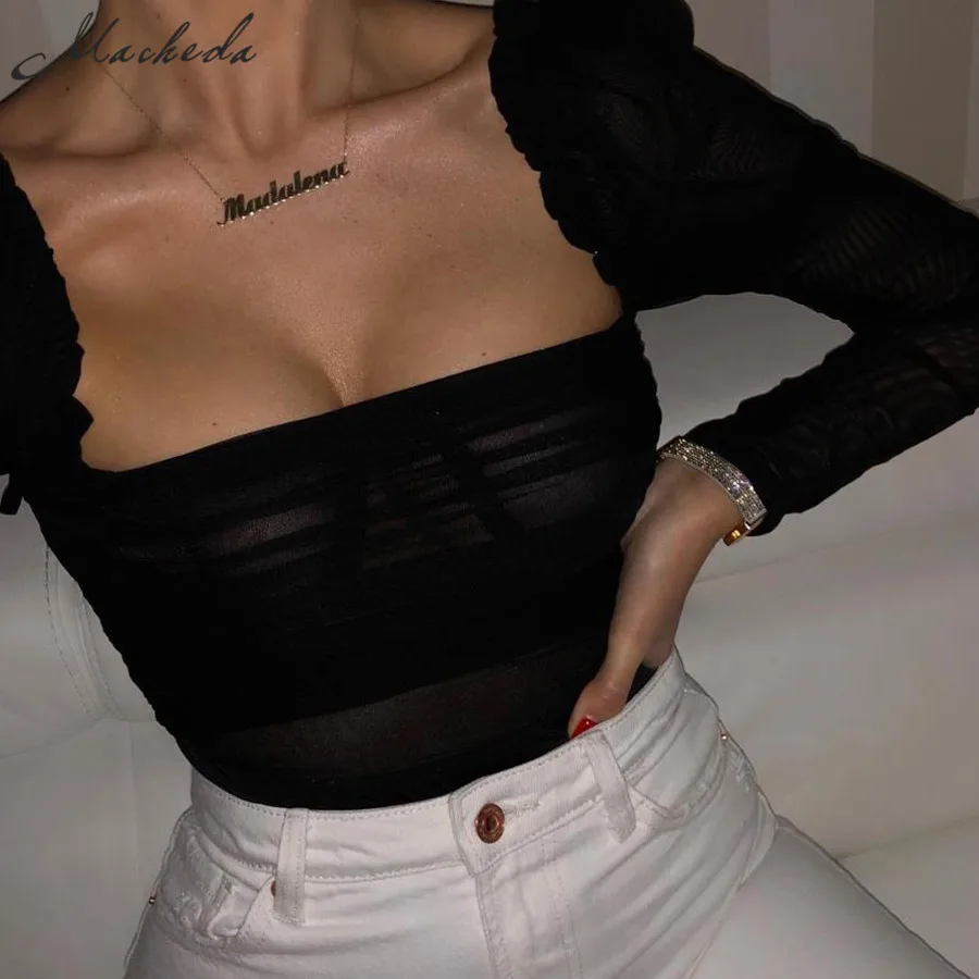 Macheda مثير شبكة منظور النساء طويل كم ارتداءها نادي السيدات مضلع Bodycon سليم فوج الشيفون فام 2019 جديد