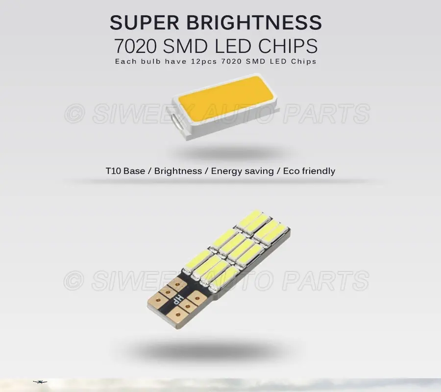 2 шт. T10 12-SMD 7020 светодиодный фонарь для автомобиля, номерной знак поворота, сигнальные огни, купольная лампа, долгий срок службы, без проводки, 12 В, белый