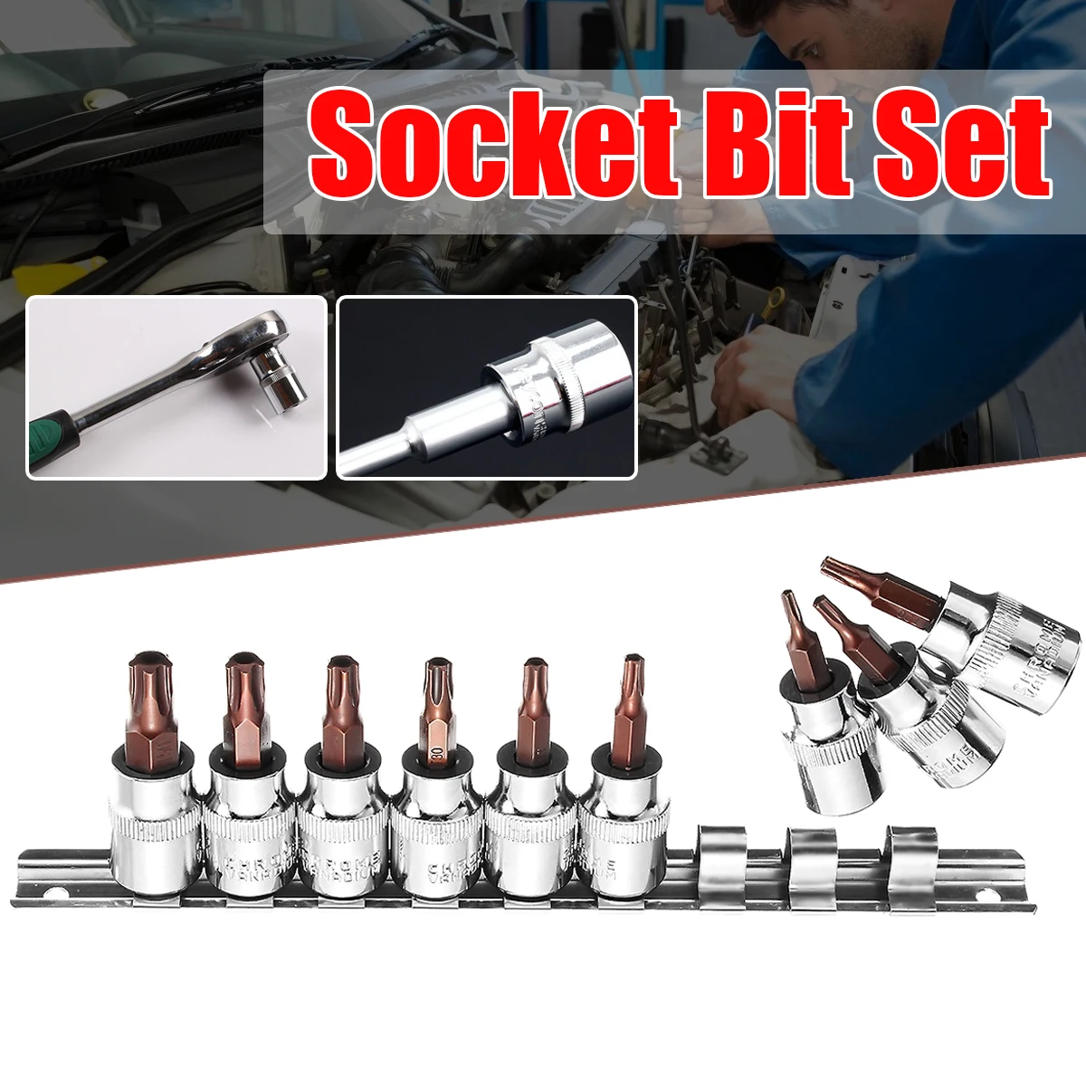 

9Pcs 3/8'' Square Drive 5 Point Star Torx Socket Bit Screwdriver T10 - T50 Tools Set