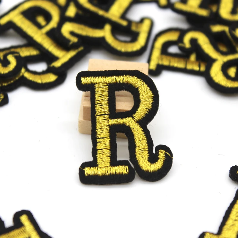 Embroidered small letter patches for iron on clothing gold logo R patch