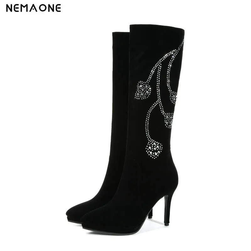 

NEMAONE New women high heels knee high boots sexy crystal ladies boots spring autumn party dress shoes woman large size 42 43