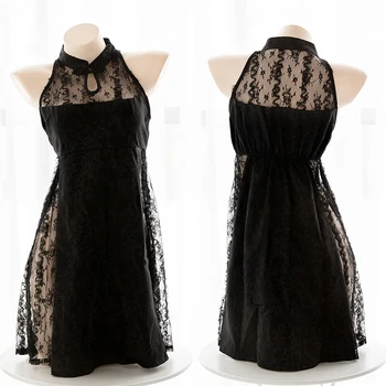 

Women's Sexy Black Vest Lace Cheongsam Dress Vintage Hollow Out Perspective Jacquard Dress Cosplay Female Lolita Lingerie Set