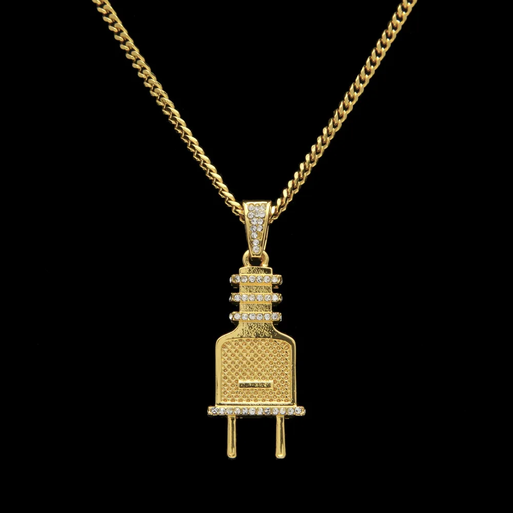 

Mens Women Iced Out Bling Plug Pendant Necklaces Golden Silver Plated Full Rhinestone Chokers Hip Hop Jewelry