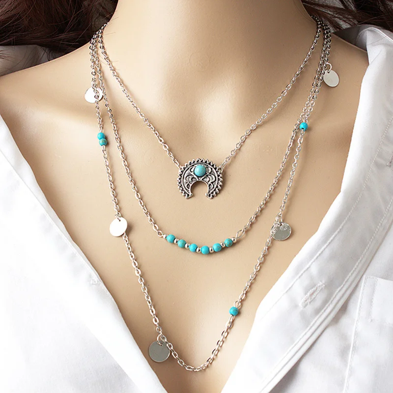 New Silver Color chain multi layer Tassel pendant necklace for women Collier femme fashion jewelry moon necklace gift