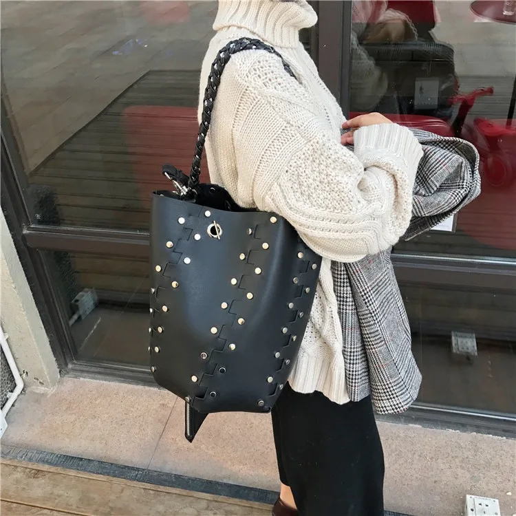 Kaufen Heißer Verkauf 2019 Berühmte Marke Designer frauen Eimer Tasche Pu Leder Damen Niet Handtaschen Weibliche Schulter Tasche Casual Tote