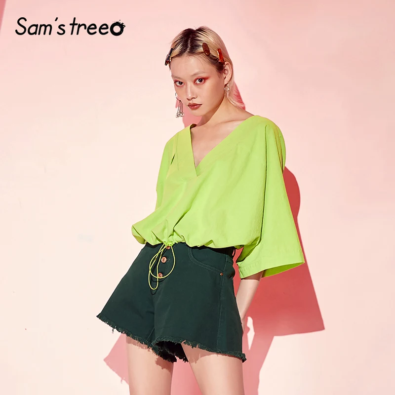 

Samstree Cotton Neon Green Women Shirt Sexy V-Neck Female Crop Top Fashion Streetwear Woman Blouses 2019 Summer Solid Shirts