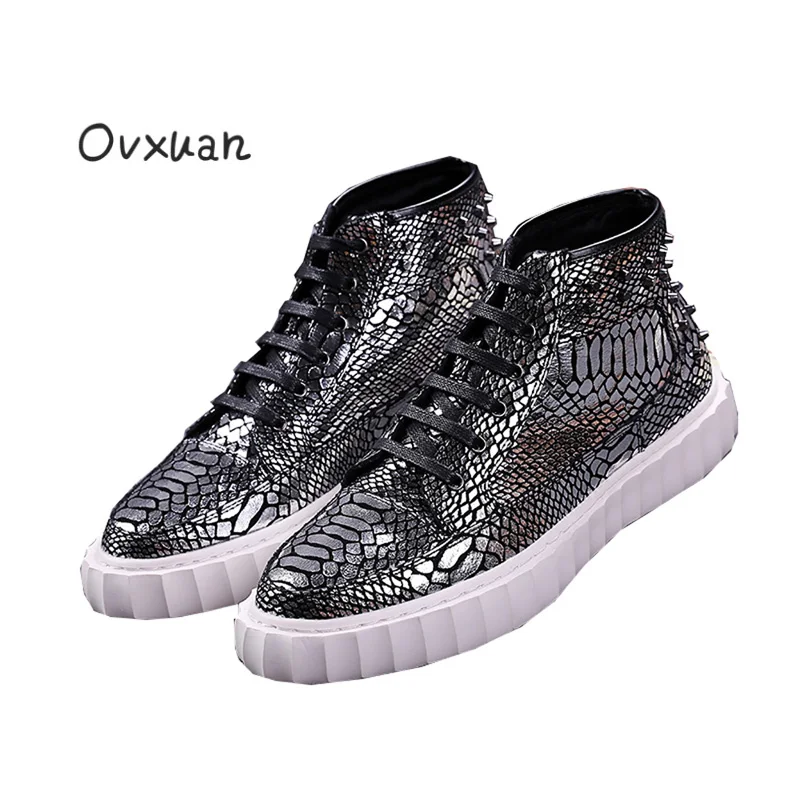 

Ovxuan 2019 Autumn Snake Pattern Leather Loafers Rivets High Top Men Loafers For Men Fashion Party Sneakers chaussure homme cuir