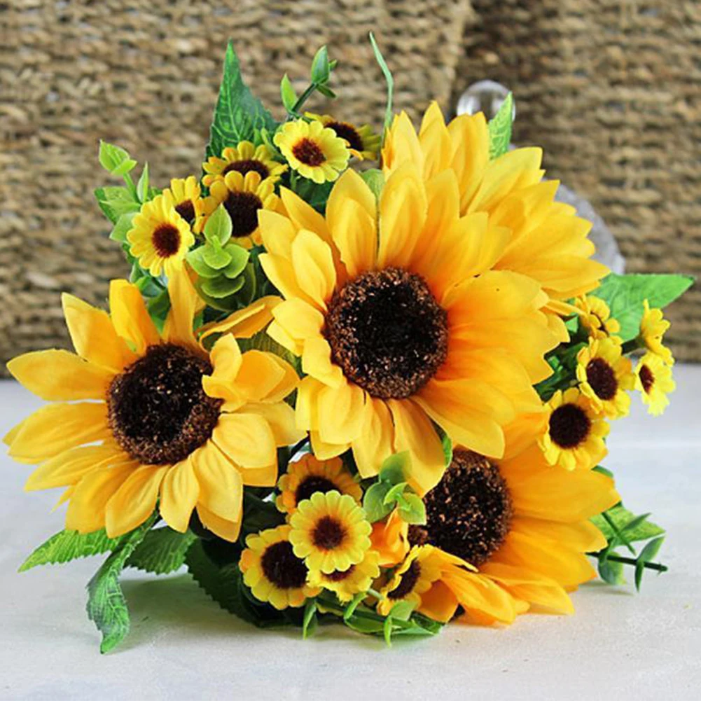 

7 Heads Party Floral Desktop Wedding Centerpieces Ornament Artificial Flower Bouquet Garden Fake Sunflowers Home Decor DIY