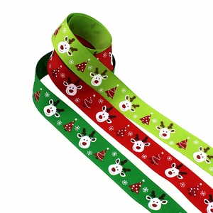 IuBuFiGo 50 yards 1" Merry Christmas Deer Printed Grosgrain ribbon 25mm Cartoon gift ribbon bows DIY headband tape