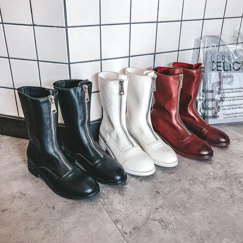 

Autumn Dirty old Leather martin boots women red vintage Mid Calf boots GD Front zipper Low-heels women botas mujer