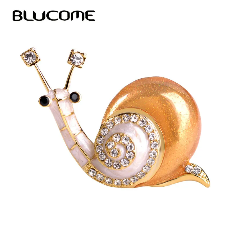 Женская брошь в форме улитки Blucome большая оранжевая эмалированная с кристаллами
