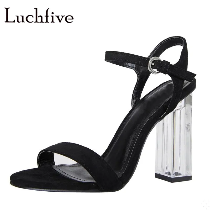 

Clear Chunky High Heels Women Sandals Open Toe Ankle Buckle Strap Ladies Shoes Black Sexy Transparent Concise Sandals Feminina