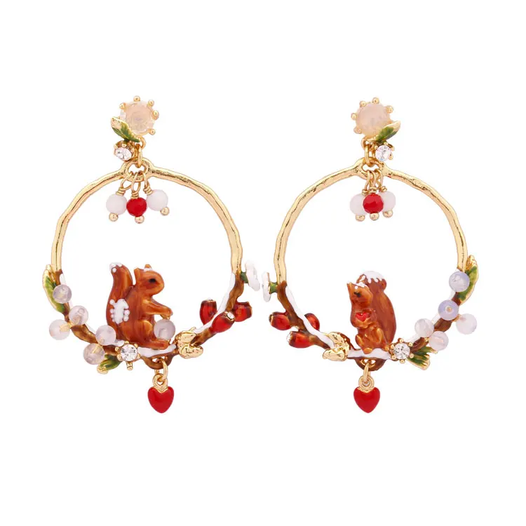 

American style small squirrel women gold enamel glaze jewelry asymmetrical earring 925 silver needle trendy fashion stud
