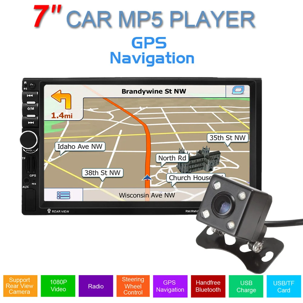 

Car GPS Navigation 7 inch 2 Din Touch Screen Auto Car FM Radio Stereo MP5 Player Support hands-free calls + 420TVL IR Camera