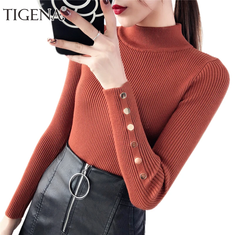 TIGENA Button Sleeve Warm Turtleneck Sweater Women Jumper 2019 Winter Long Knitted Pullover and Female Pull Femme | Женская одежда