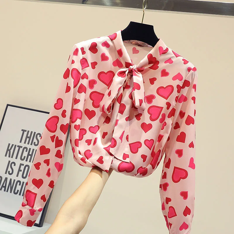 New Womens Tops Fashion Summer autumer long sleeve Leisure Chiffon Blouse Casual Female Bow pink tops Heart shape Blusas DF2334