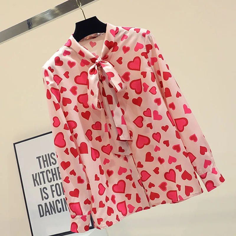 New Womens Tops Fashion Summer autumer long sleeve Leisure Chiffon Blouse Casual Female Bow pink tops Heart shape Blusas DF2334