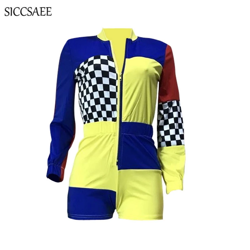 Checkered Bodysuit Contrast Color Block Patchwork Playsuits Casual Outfits Shorts Motocycle Streetwear Plus Size Clothes Plaid Jumpsuits and Playsuits