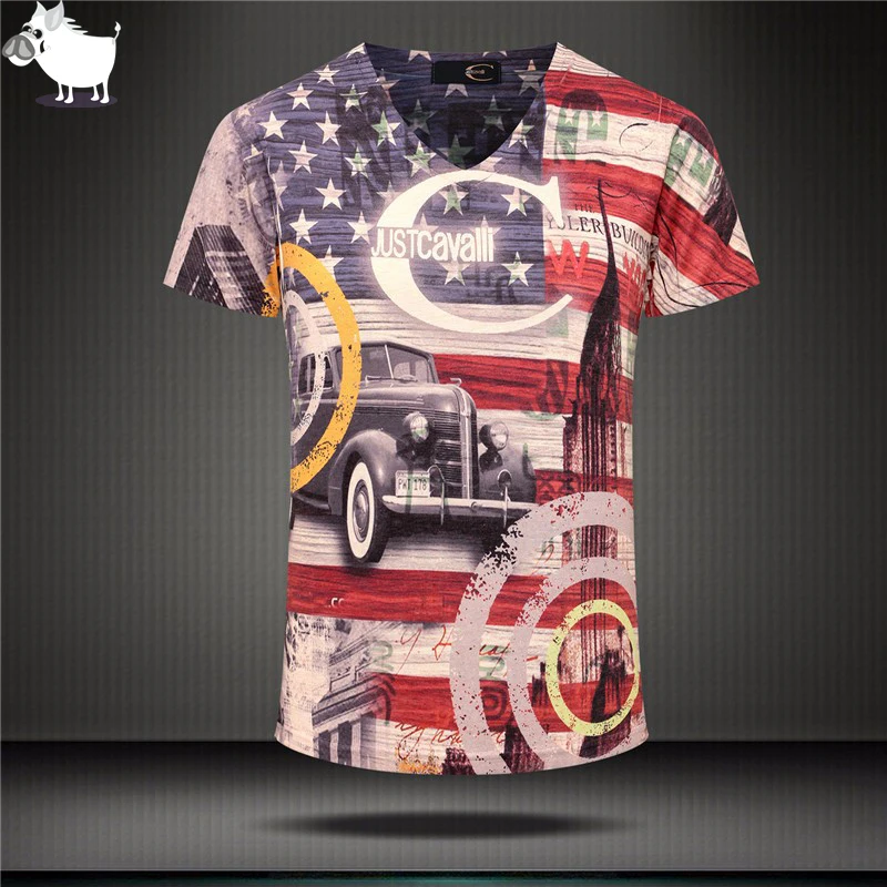 

2018 New Arrival 3D Tee Men Summer Fashion American Flag Printed Men Slim Fit V Neck T Shirt Brand Cotton Funny TShirts