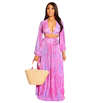 

Women Two Piece Set Hollow Out Bandage Long Sleeve Crop Top and Long Skirts Sexy Deep V Neck matching sets Streetwear High Waist
