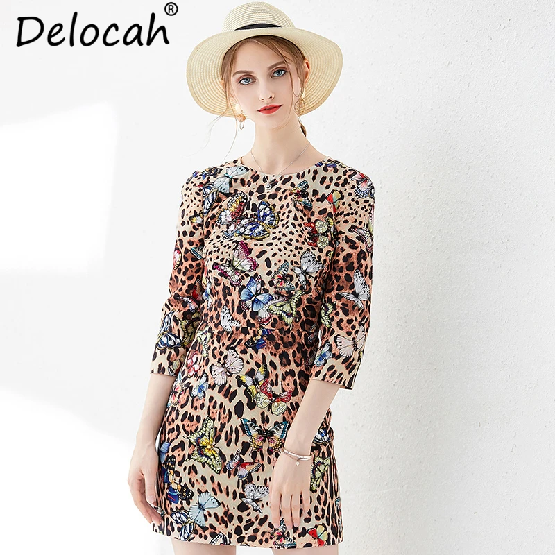 

Delocah 2019 Women Autumn Dress Runway Fashion 3/4 Sleeve Leopard Printed Beading Elegant Vintage Ladies A-Line Mini Dresses
