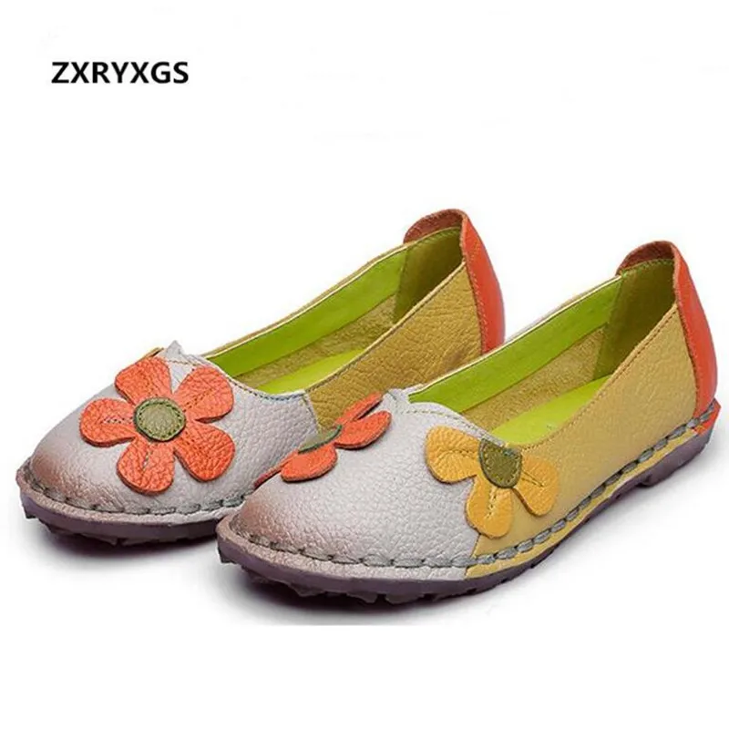 

New Retro Handmade Flower The First Layer of Leather Women Shoes 2019 Spring Spell Color Women Flat Shoes Elegant Fashion Shoes