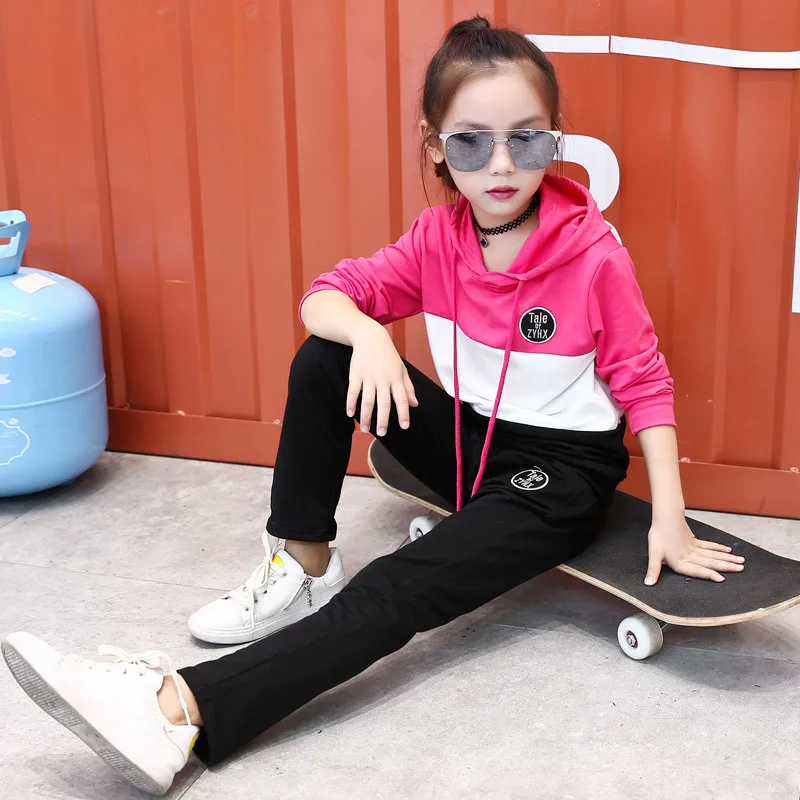 

Children Clothing 2019 Spring Sets Girls Korean Version Color Matching Hood Personality Sports Loose Two-piece 3-11 Year Old