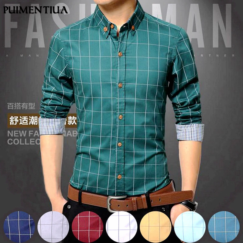 

Puimentiua 5XL Plaid Printed Long Sleeve Formal Men Shirt Turn-down Collar Male Business Dress Fashion Patchwork Shirts Tops