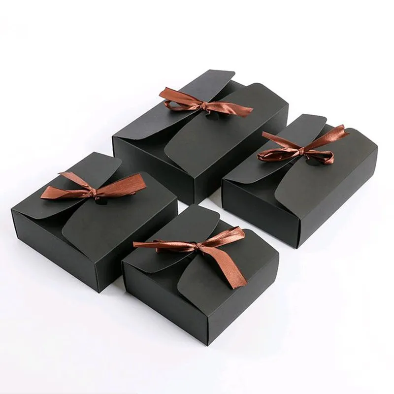 20pcs/lot Brown Kraft Cardboard Boxes Gift Packaging Paper Box With Ribbon 4 Sizes 2 Color 18091101