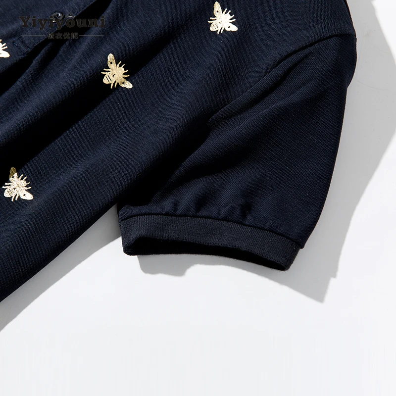 Long Bee Print Turn-down Shirt Dresses Women 2019 Summer Casual Straight Knee-Length Polo Dress Female Pockets Cotton