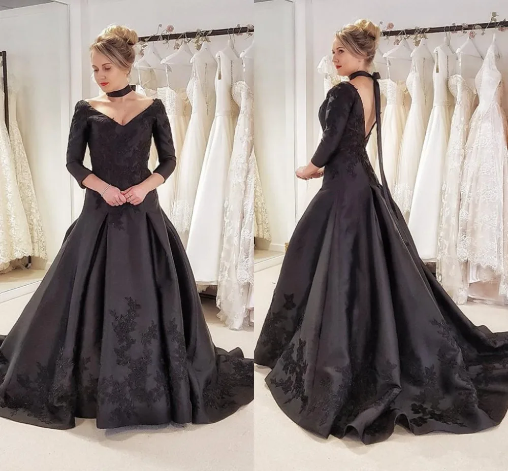 

2019 Gothic Black Colorful Wedding Dresses 3/4 Sleeves V Neck Vintage Satin Bridal Gowns wedding gowns vestido de novia