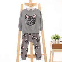 2016 New Hot-selling 2pcs kids Girls Long Sleeve Cat Kitten Printed T-shirt Tops+Pants Sets Outfits Spring Autumn Clothing Set