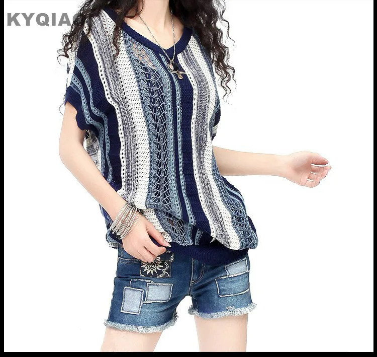 

KYQIAO 2019 Office Ladies casual brand knitting hollow out blouse short sleeve v neck knitwear loose shirt top pullovers