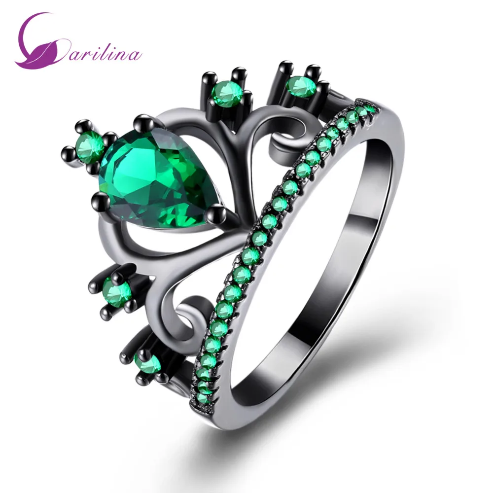 

Cute jewelry Black Gun Plated Green Cubic Zirconia Ring Crown Love Gift Wedding Anniversary womens Ring R2101
