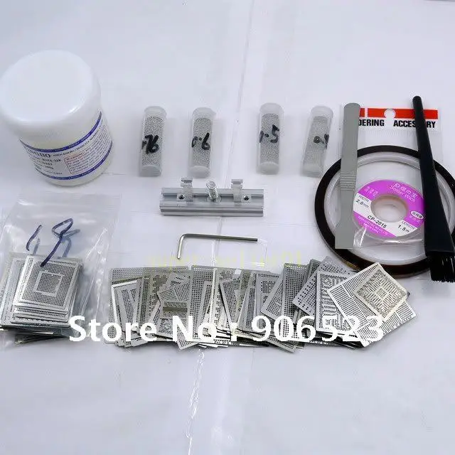 

Free shipping 8 in 1 reball holder with 110 direct heat rework stencils and 4 solder balls plugs 100g paste BGA reballing kit