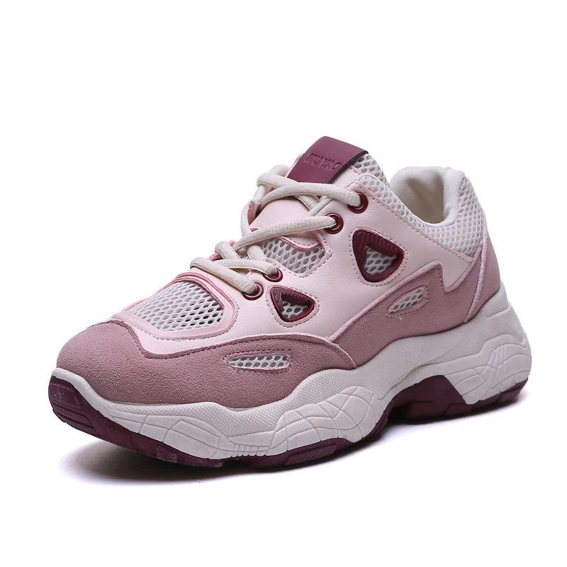 Модные кроссовки для женщин; кроссовки на платформе; розовые кроссовки на танкетке; женские повседневные кроссовки из сетчатого материала; женская Вулканизированная обувь; обувь для папы - Цвет: Розовый