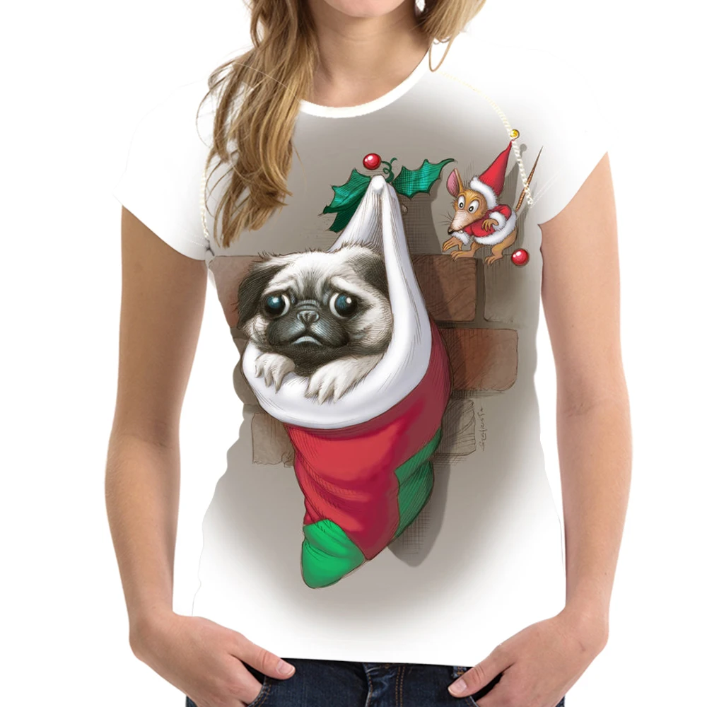 

Casual Woman Summer T Shirts Cute Christmas Pug Dog/Puppy Printing Girls Short T-shirts Harajuku O Neck Tee Clothing