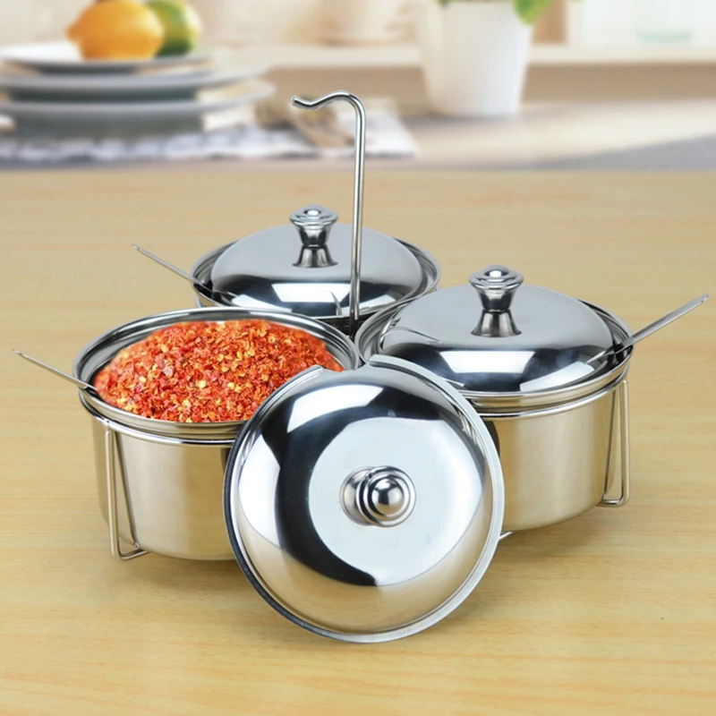 

Stainless Steel Condiment setsugar-bowl Cruet set Spices Set with rack and spoon Canister Seasoning Tools cans dressing set