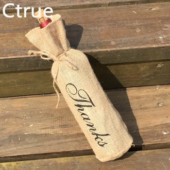 

12pcs/lot Burlap jute Wine Bottle Bag with thanks Champagne Sleeve Holder rustic wedding decor christmas decoration vintage