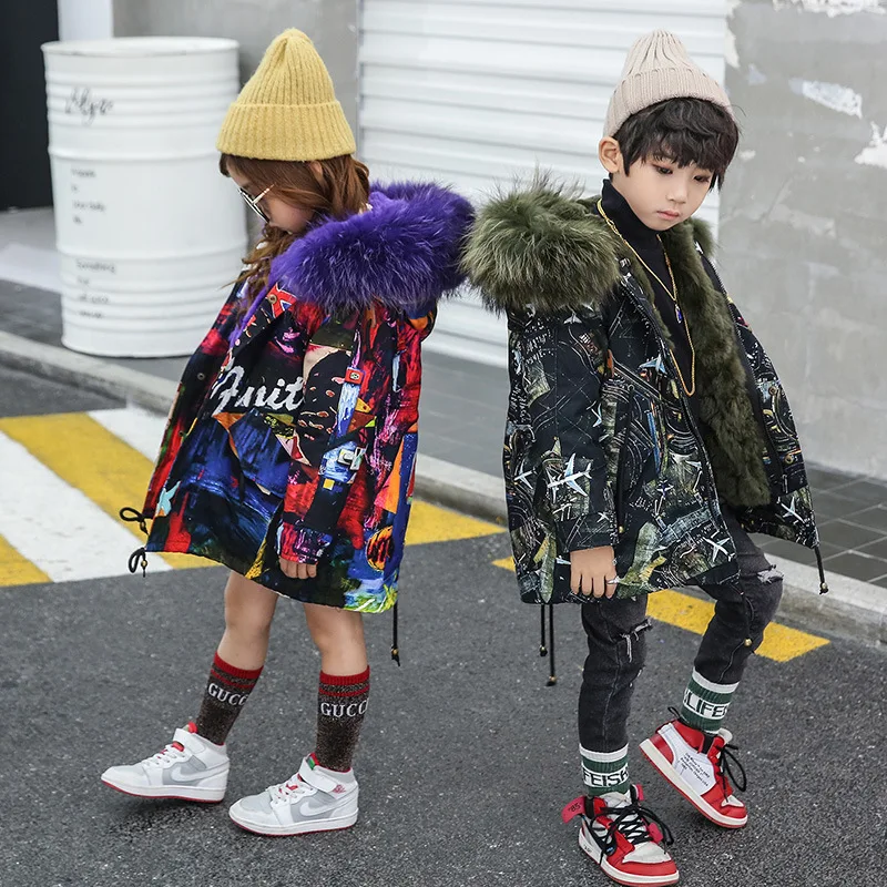 Girls Boys Real Fur Parka Graffiti Winter Warm Jacket Children Clothes Natural Raccoon Fur Hood Coat Real Rabbit Fur liner TZ373 Girls Boys Real Fur Parka Graffiti Winter Warm Jacket Children Clothes Natural Raccoon Fur Hood Coat Real Rabbit Fur liner TZ373