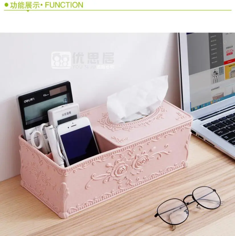 Rectangular Carved Tissue Storage Box Organizer Remote Control Cellphone Holder