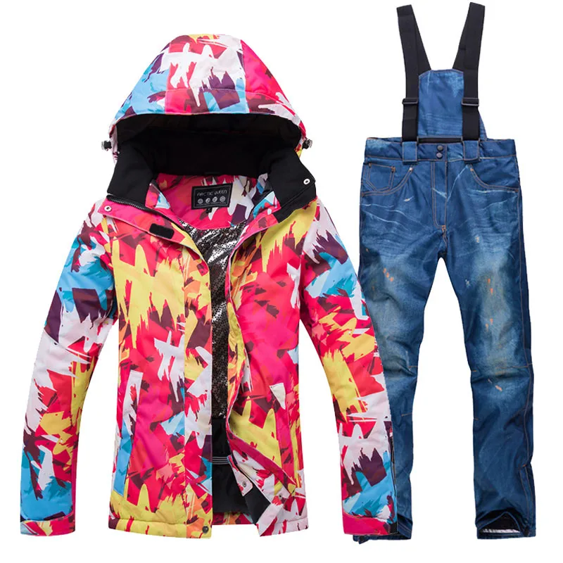 Толстый теплый лыжный костюм для женщин водонепроницаемый ветрозащитный лыжный комплект куртка для сноуборда+ Брюки Зимняя женская зимняя верхняя одежда - Color: Jacket-Denim Blue