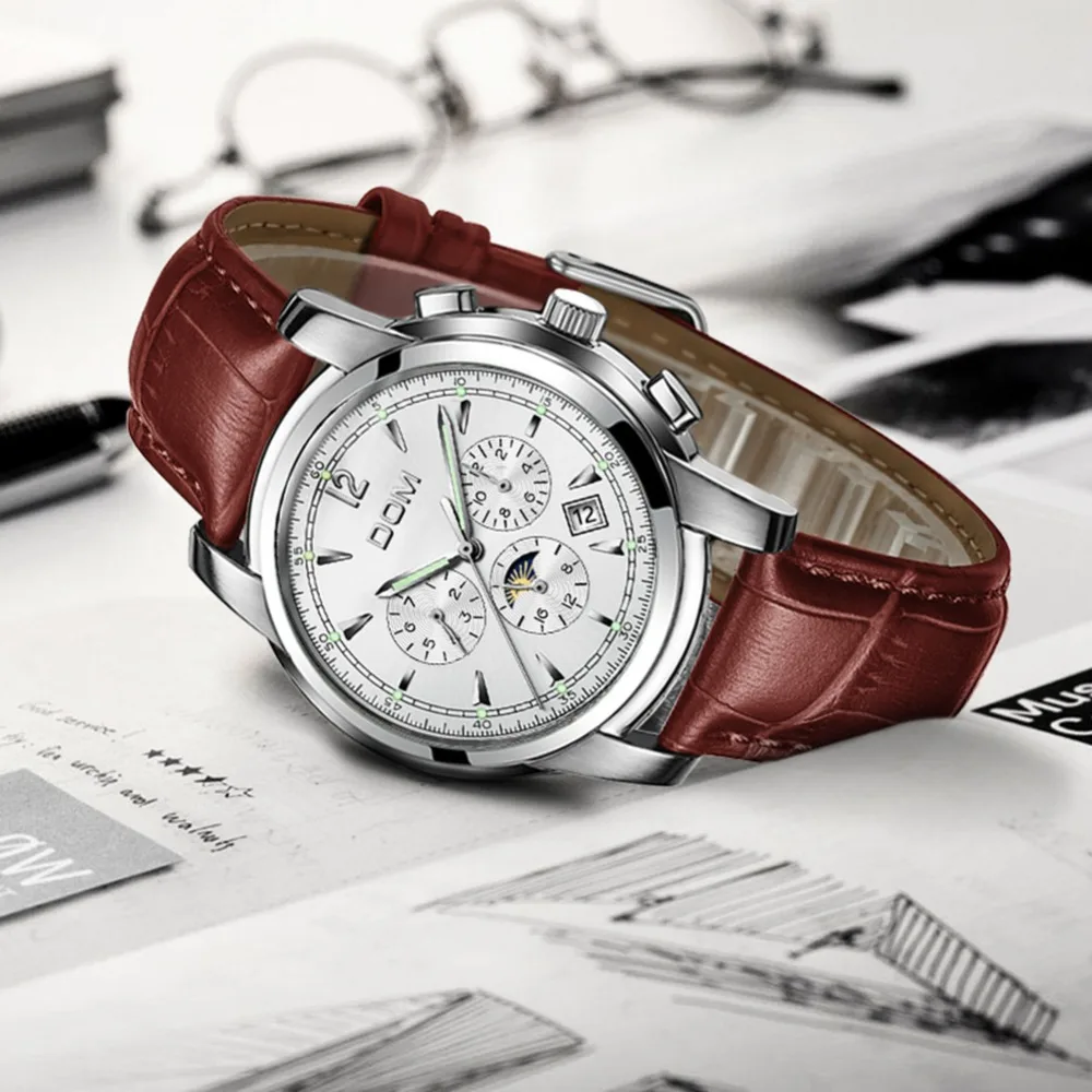 DOM новые механические мужские часы Moon Phase лучший бренд класса люкс стильные Водонепроницаемые многофункциональные спортивные автоматические часы Relogio Masculino M-75