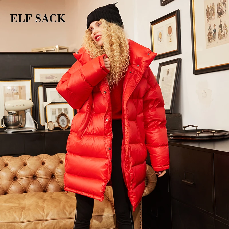 

ELF SACK New Winter Woman Coat Solid 90% Duck Down Jackets Long Sleeve Warm Womens Outwear Parkas for Women Winter Streetwear