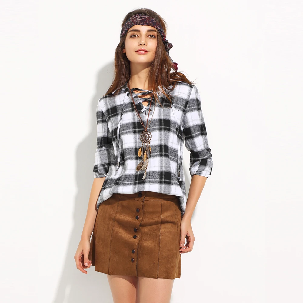 V neck Women Fashion Tops Check Tie Front Pullover Guess