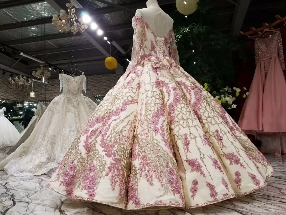 CloverBridal высокое качество обнаженная атласная розовая Золотая кружевная vestido 15 anos vestido quinceanera длинные платья бальное платье с длинными рукавами