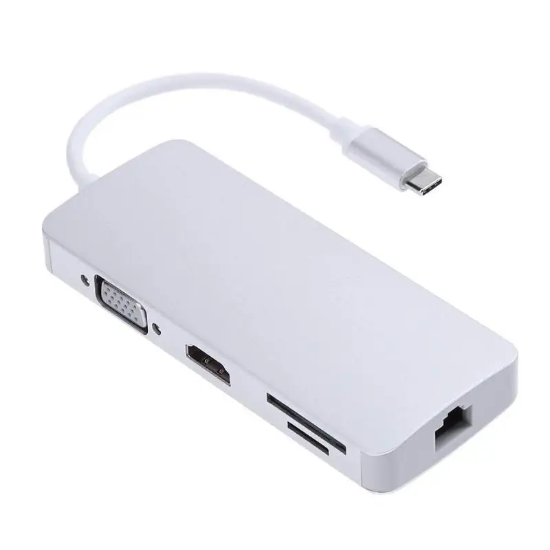 

8 in 1 Adapter Type-C HUB USB-C to USB3.0/HDMI/VGA Multifunction Card Reader for RJ45/PD 3.0 Converter Adapter for MacBook