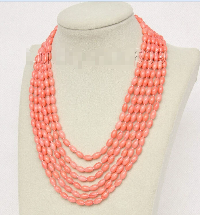 

FREE shipping>>>>>>Genuine 16"-21" 6row 5X8mm olivary pink coral necklace E2508